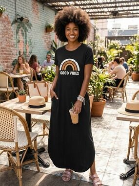 Casual Loose Short Sleeve Long Dress Split Maxi Summer‎ Beach Dress with Pockets
